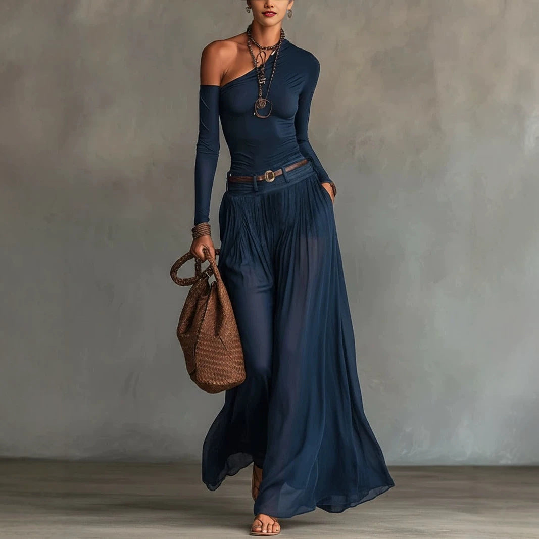 Fashionable Simple Solid Color Asymmetrical Shoulder Long Sleeve Casual Set with Belted Long Dress 
