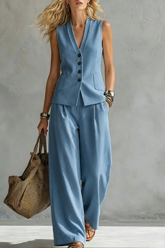 Womens Solid-Colored Sleeveless Casual Linen Tank Top And Pants Set 