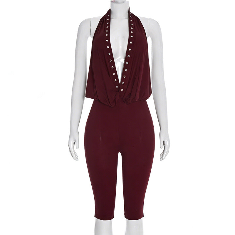 Womens Halter Deep V-Neck Rivet Eyelet Backless Cropped Jumpsuit 