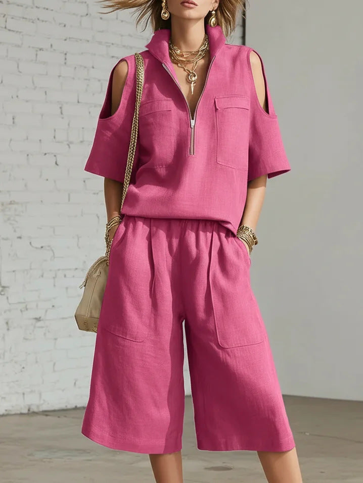 Womens Short-Sleeve Shirt And Shorts Loose Pants Two-Piece Set 