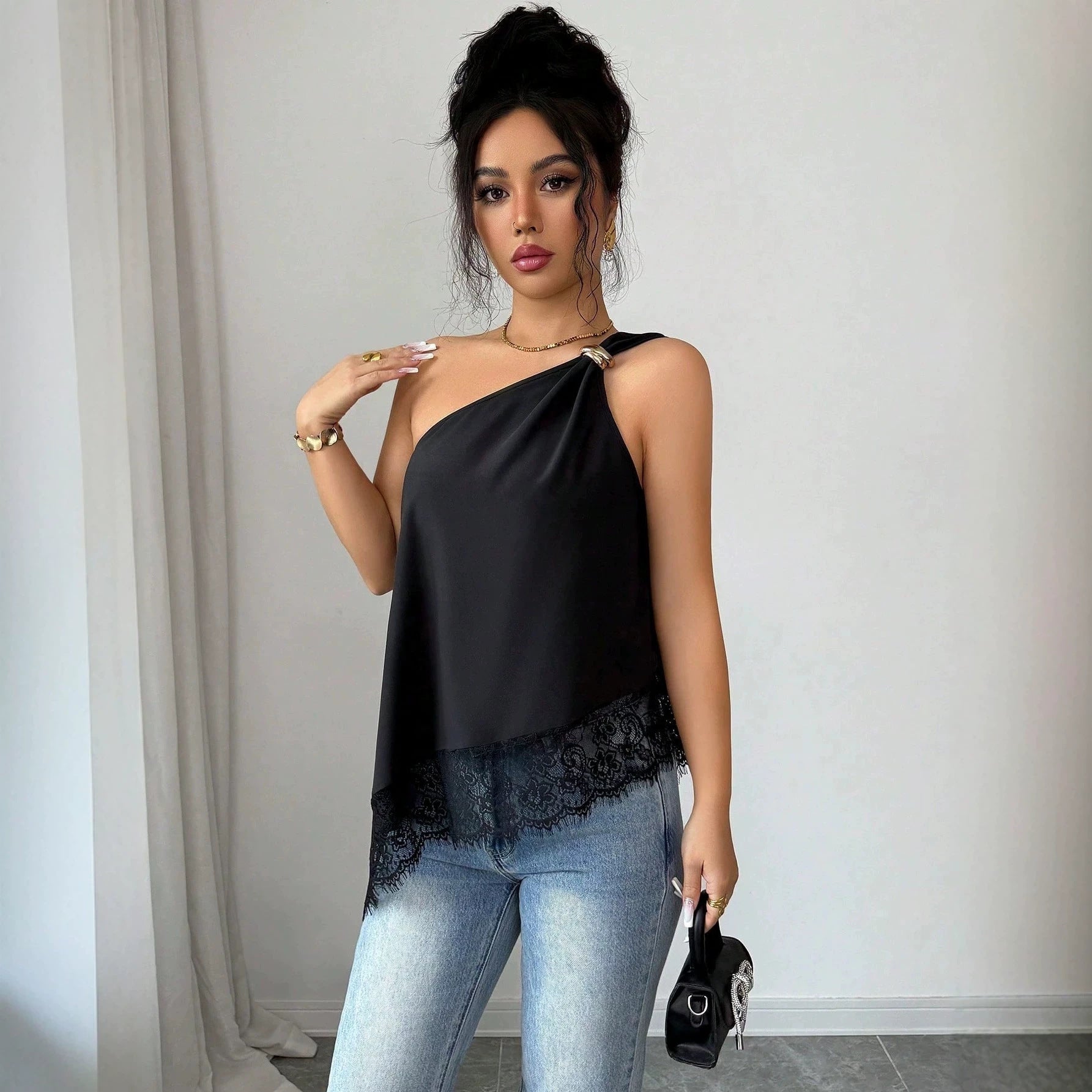 Slanted shoulder metal buckle lace patchwork irregular loose vest for women 
