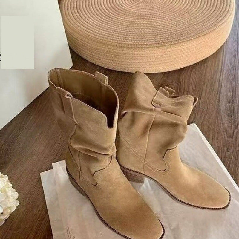 Autumn Western Pleated Short Single Women's Pile Style Boots Diversi Fashion™