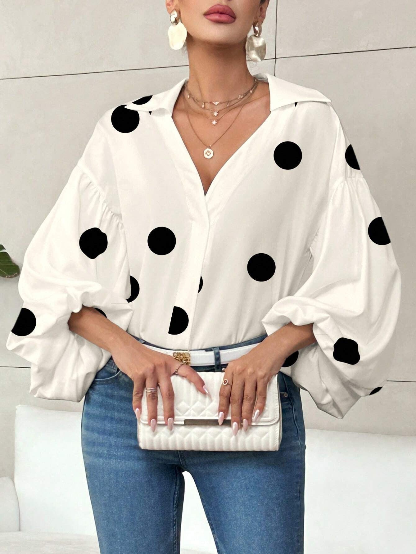 Polka Dot Half-Open Neck Loose Bubble Sleeve Long Sleeve Top 