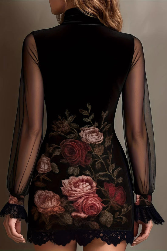Sexy Lace Trim Patchwork Dress with Elegant Printed Tulle Design Fitted Mini Dress 