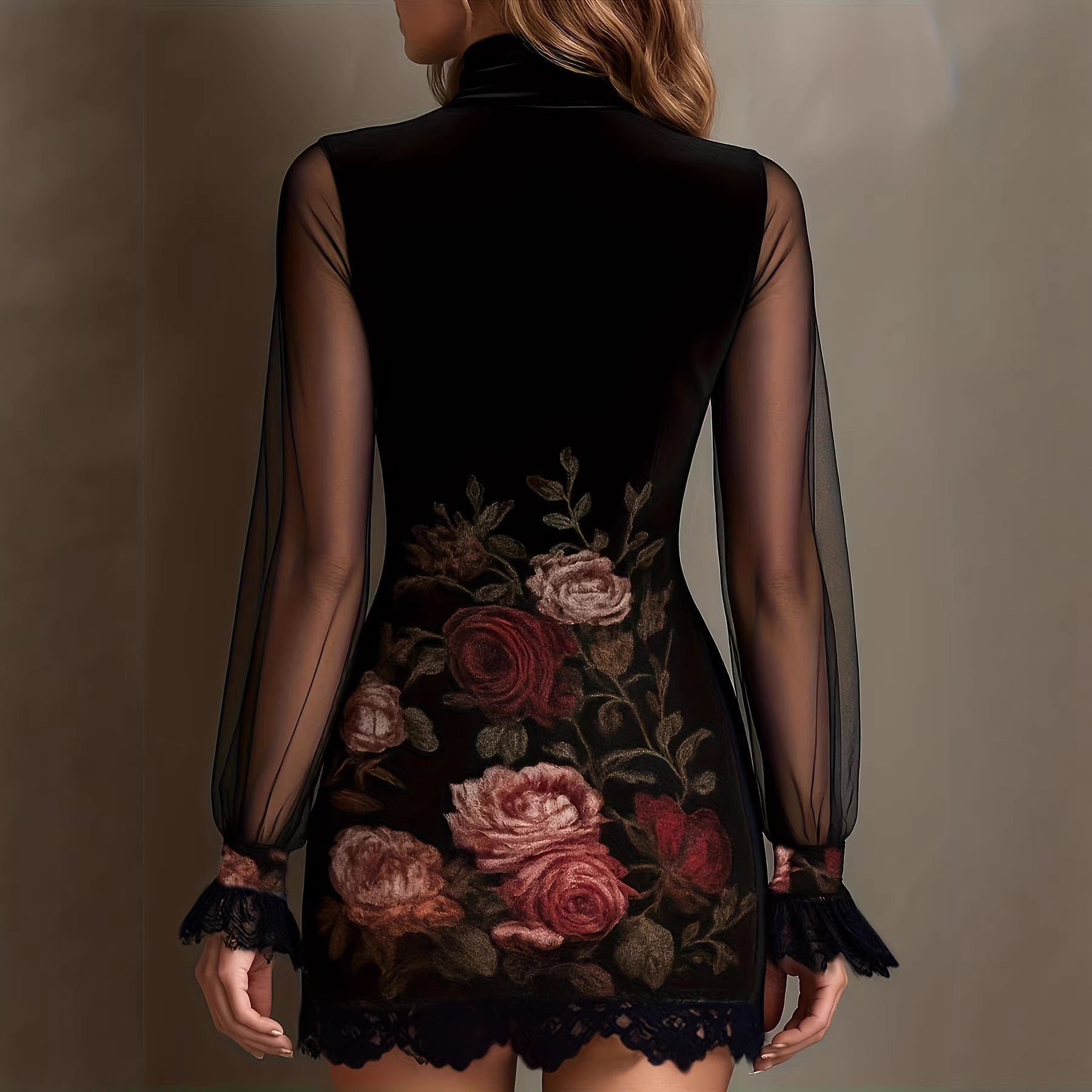 Sexy Lace Trim Patchwork Dress with Elegant Printed Tulle Design Fitted Mini Dress 