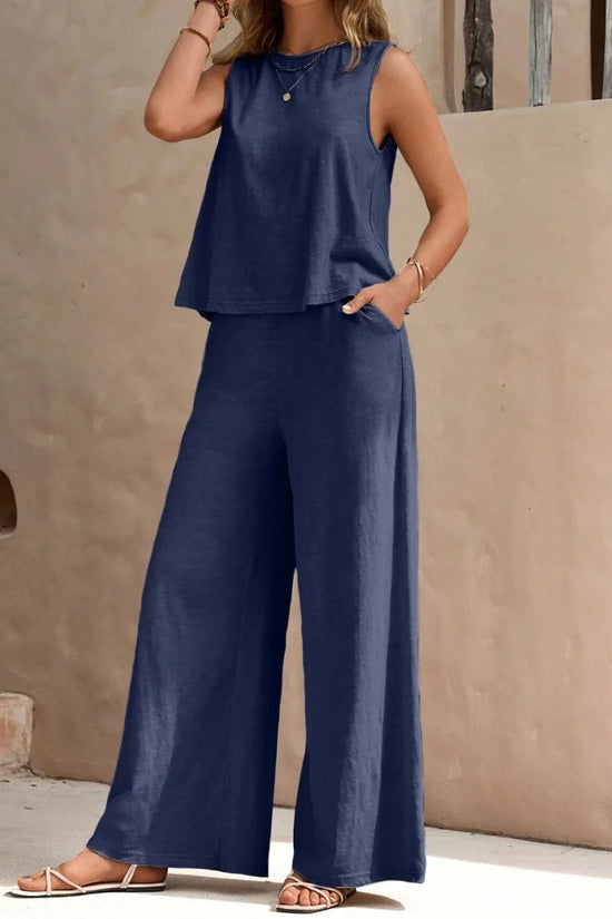 Round Neck Sleeveless Top and Wide Leg Pants Set 
