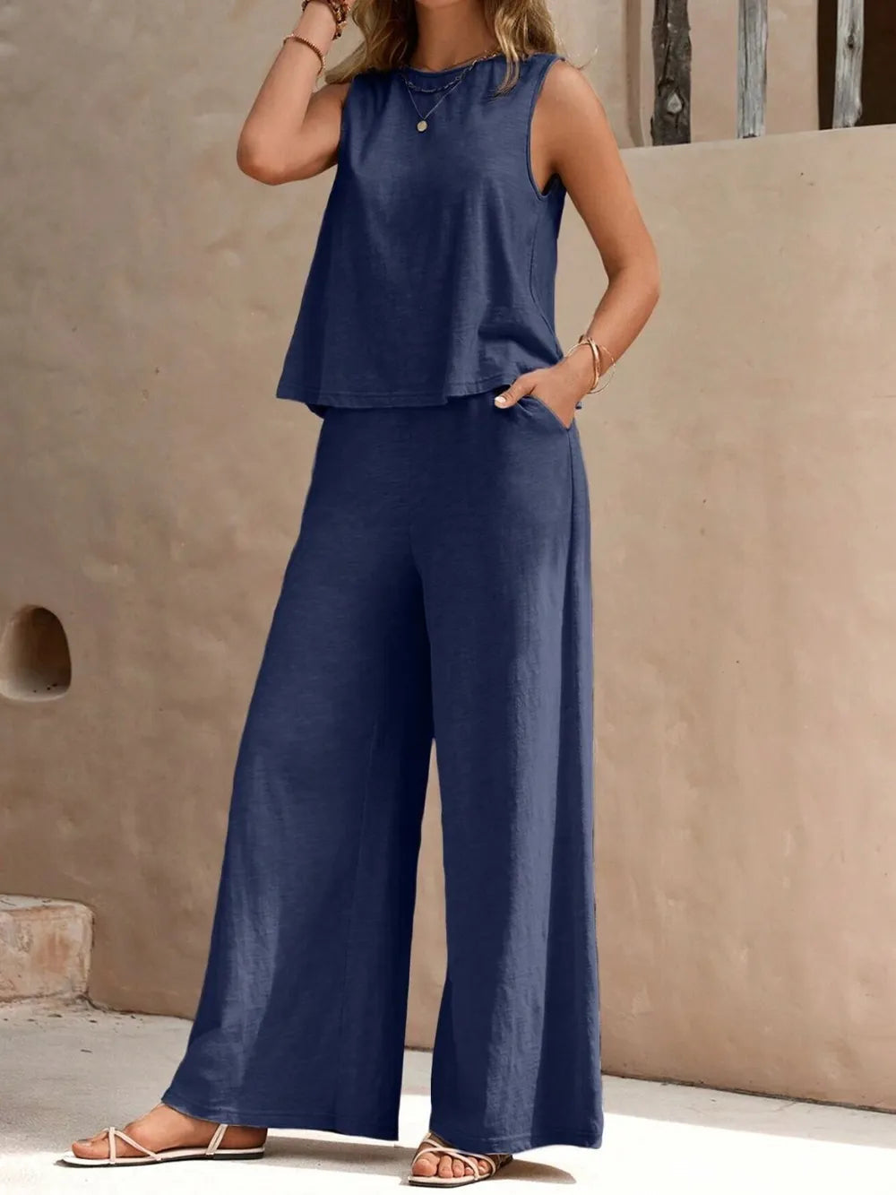 Round Neck Sleeveless Top and Wide Leg Pants Set 