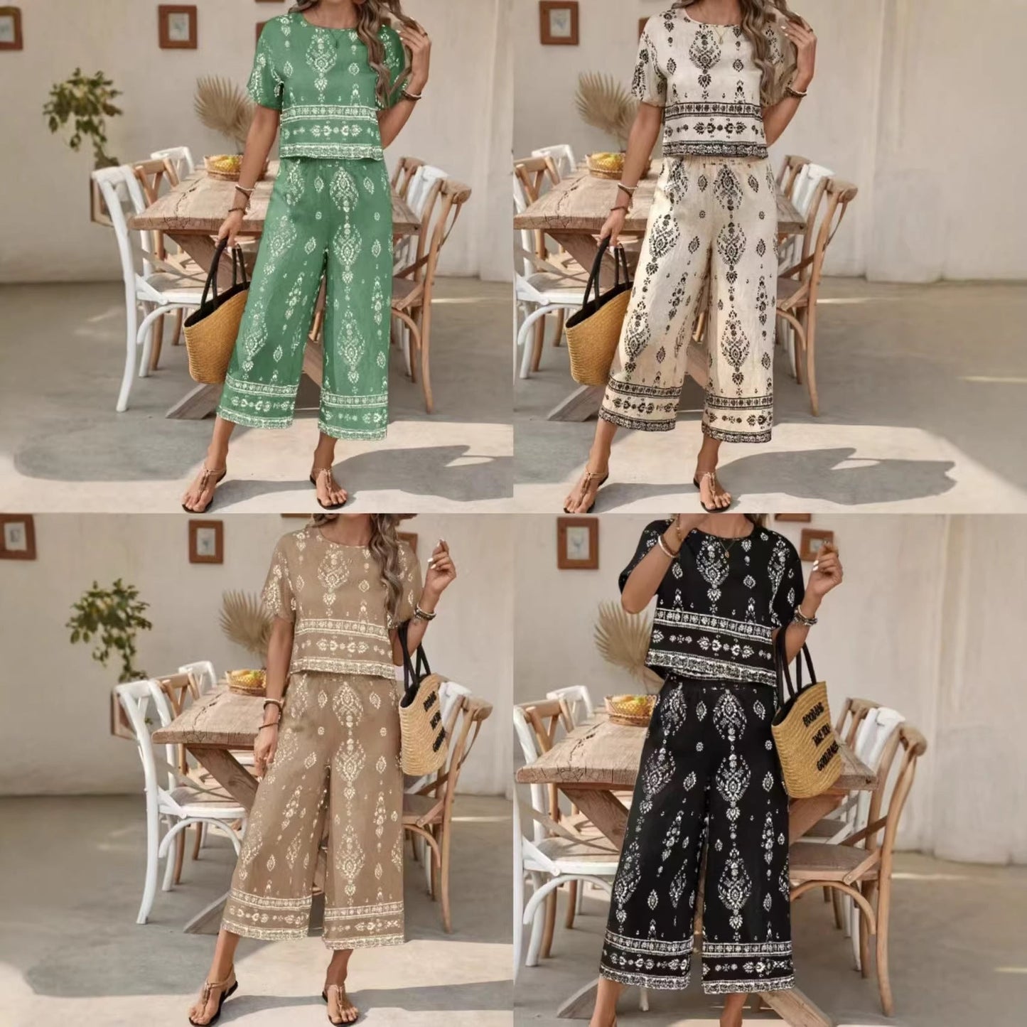 Women's Contrast-Colored Ethnic-Style Printed Set 