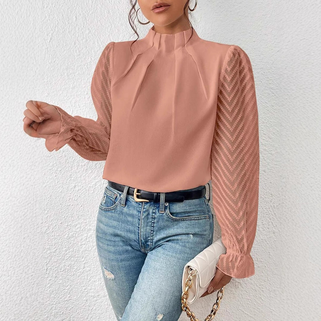 Autumn Winter New Women's High Neck Spliced Wave Pattern Chiffon Long Sleeve Top 