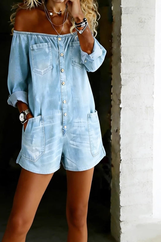 Fashionable Retro Off-Shoulder Long-Sleeve Loose Washed Denim Jumpsuit 