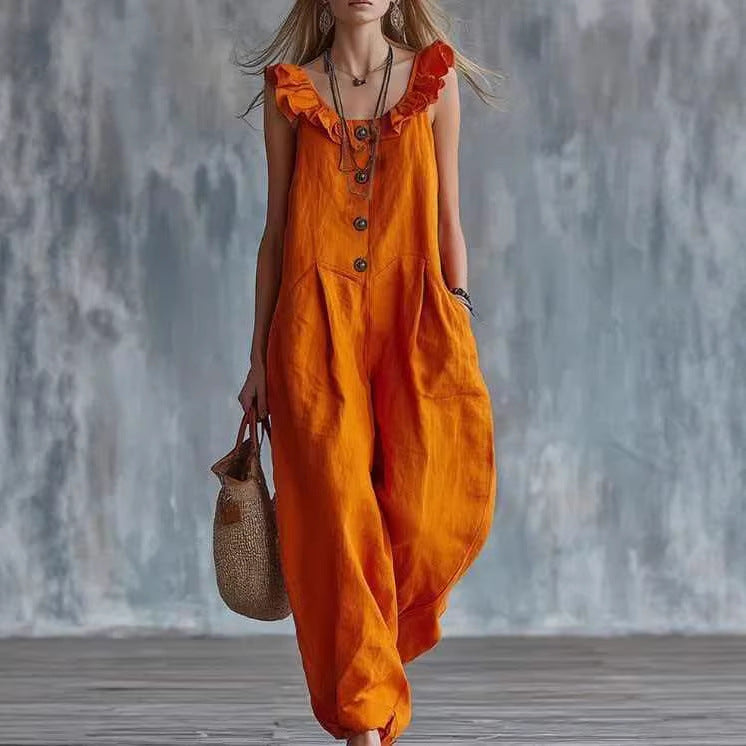 Womens Solid-Colored Sleeveless Button-Down Jumpsuit 