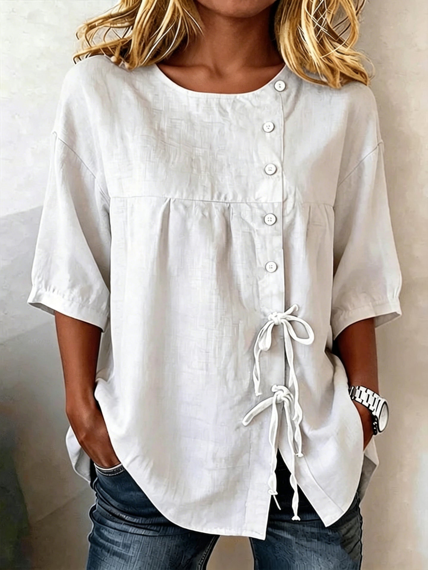 Lace-up Button New Solid-color Shirt 