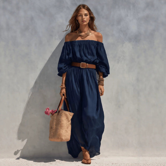 Womens Boat-Neck Sleeveless Casual Cotton-Linen Maxi Dress 