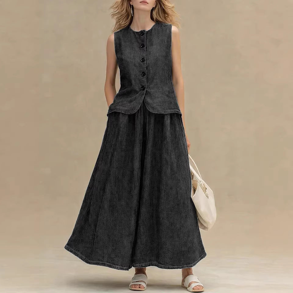 Womens Crew-Neck Denim Top And High-Waist A-Line Skirt Denim Set 