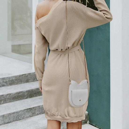 Ladies' Casual Solid Color Sloping Shoulder Collar Fashionable Dress CJ