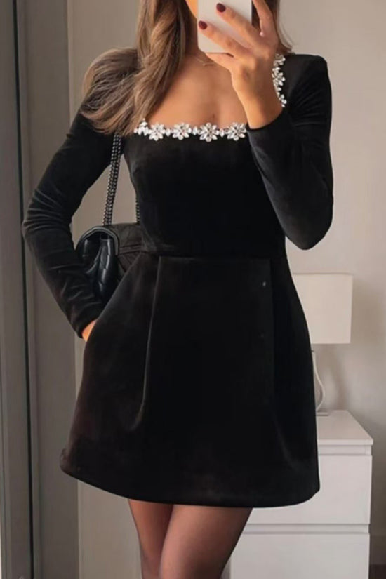 Christmas Elegant Square Neck Long-sleeved Dress With Flowers Rhinestone Design Fashion A-line Short Dresses Spring Clothing For Women CJ