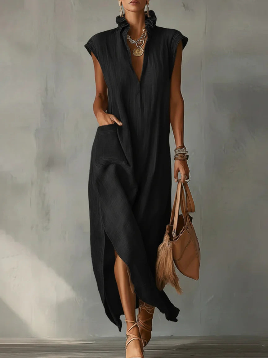 Women's Cotton-Linen Sleeveless Solid-Color Dress 