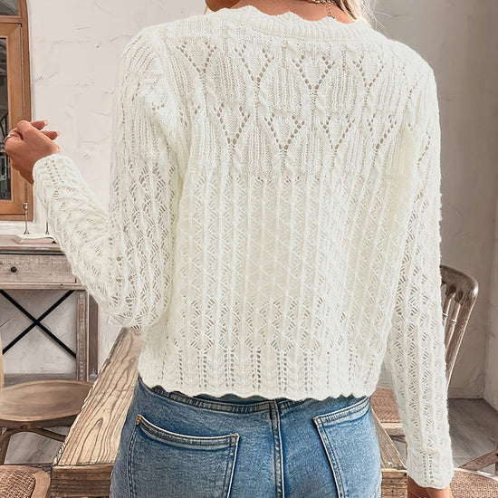 Women's Solid Color Elegant Round Neck Cardigan Top - Button Front Openwork Knit Top For Spring&Summer CJ US