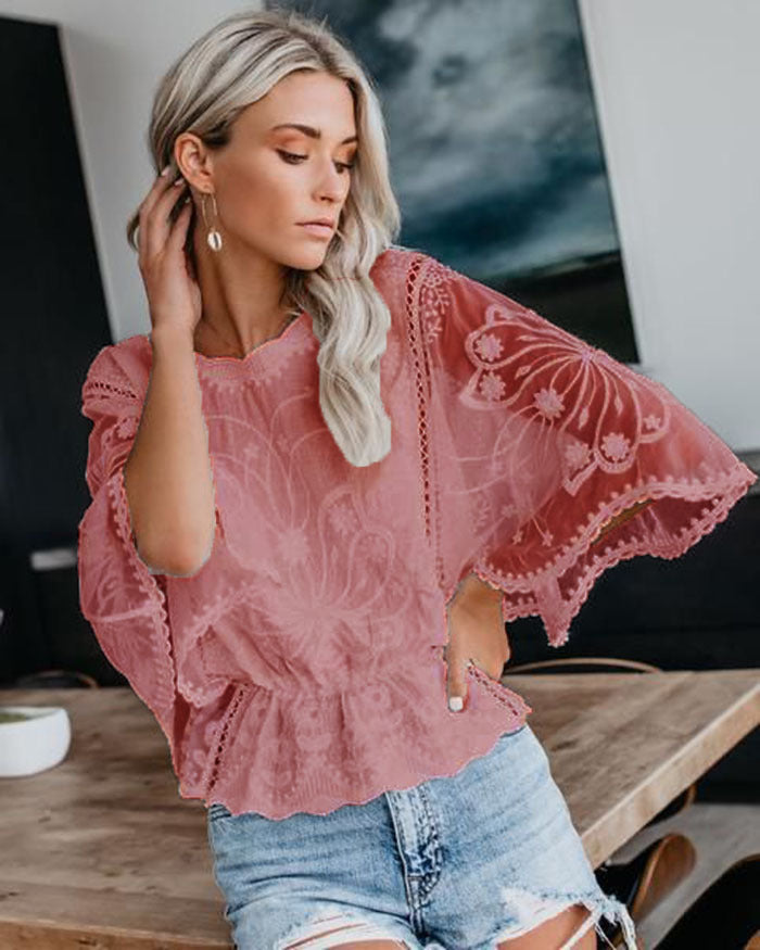 Womens New Arrival Lace Trim Top Short-Sleeve Shirt Loose Batwing Sleeve 