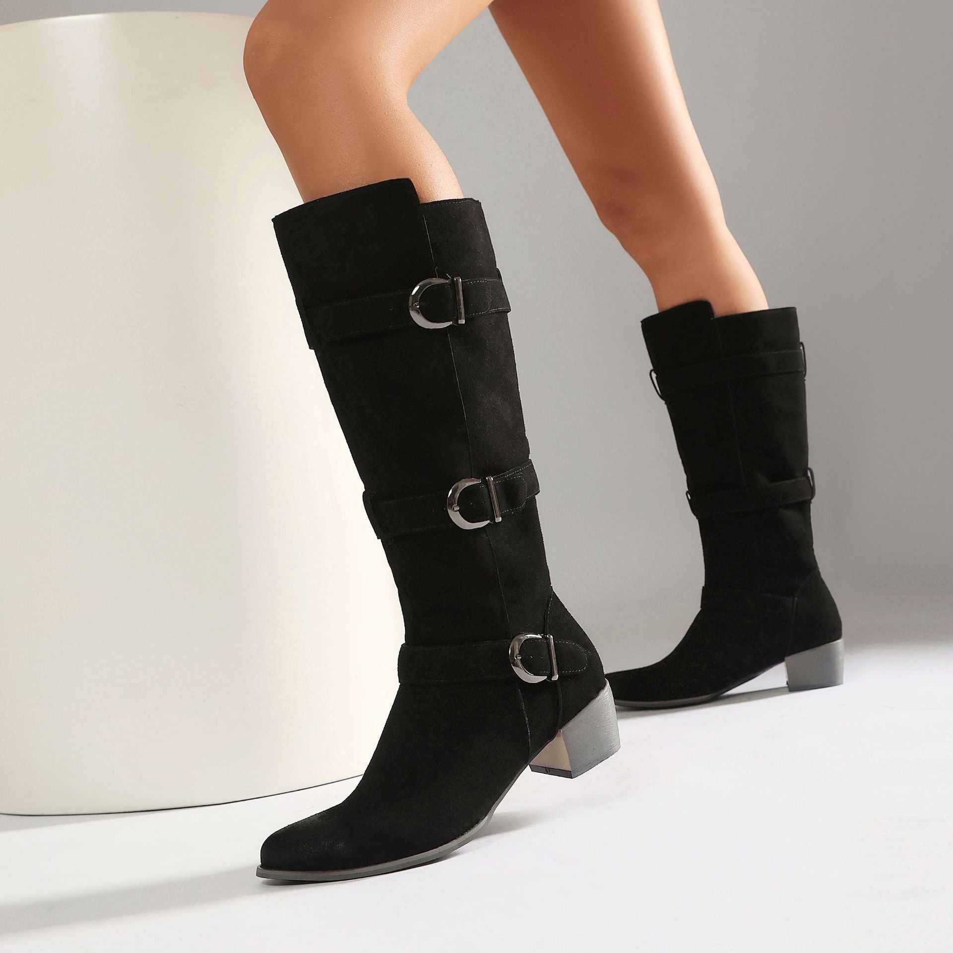 Fashion Winter High Heel Chunky Heel  Belt Buckle Suede Over-the-Knee Women's Boots Made to order, ships in 7 days 