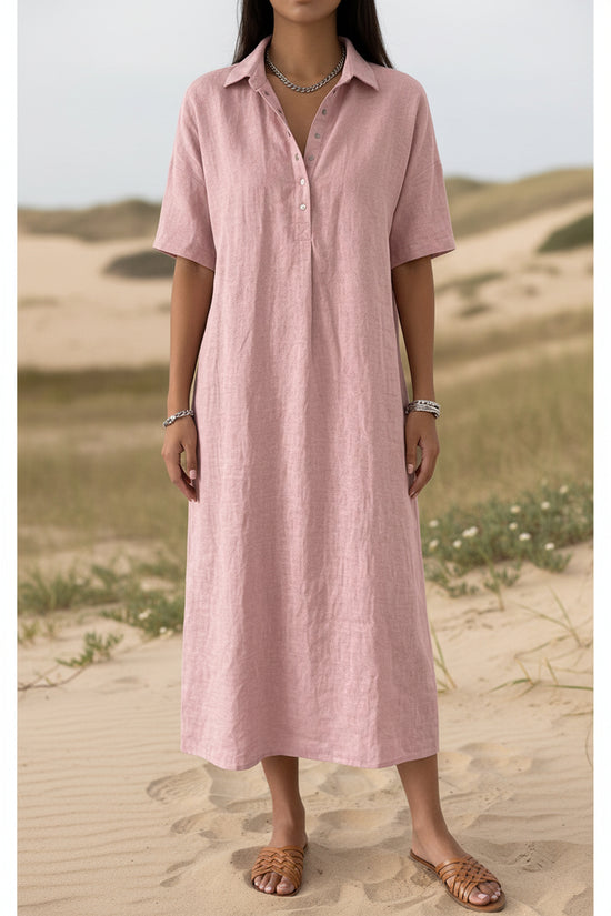 Casual Straight Fit Comfortable Linen Short Sleeve Polo Neck Dress for Women 