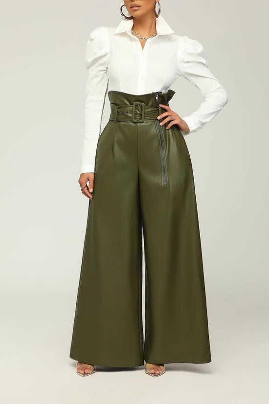 Fashion High-Waisted Long Pants for WomenStyle PU Leather Trousers with Metallic Belt, Wide Leg Pants, INS Trendy Nightclub Look 