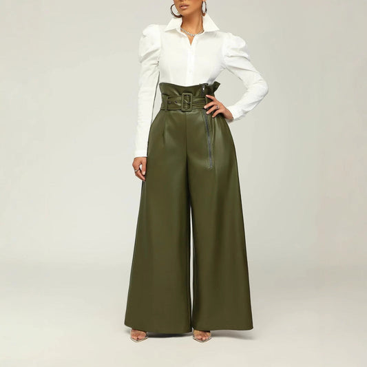 Fashion High-Waisted Long Pants for WomenStyle PU Leather Trousers with Metallic Belt, Wide Leg Pants, INS Trendy Nightclub Look 