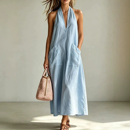Cotton Halterneck Sleeveless Deep V-Neck Loose Straight-Line Dress 