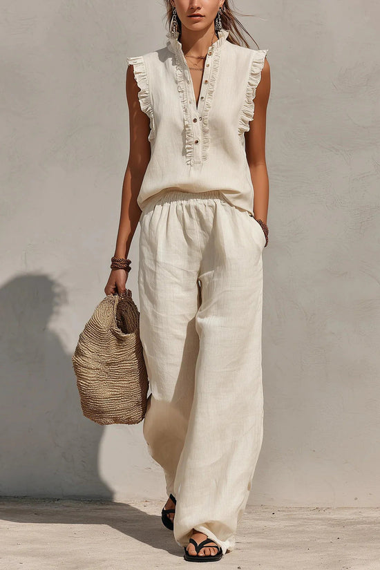 Sleeveless Ruffled V-neck Top And Elastic-waist Wide-leg Pants 