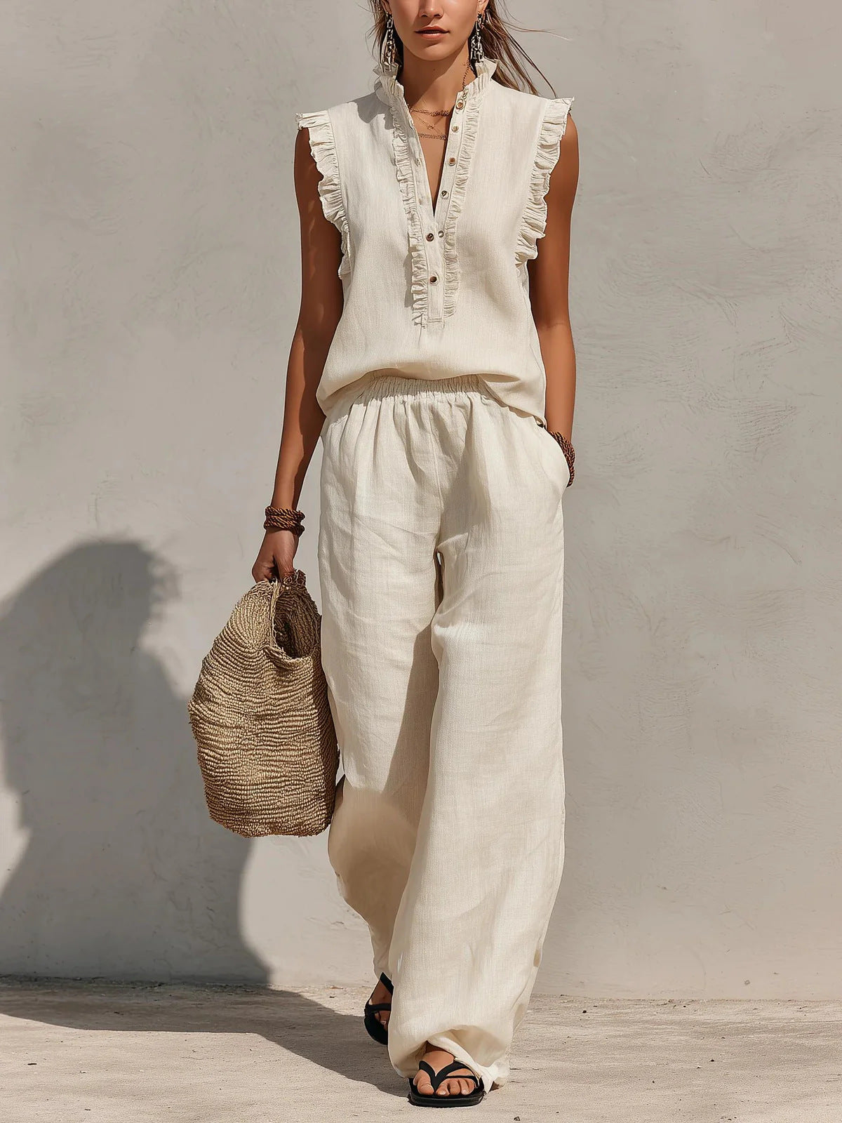 Sleeveless Ruffled V-neck Top And Elastic-waist Wide-leg Pants 