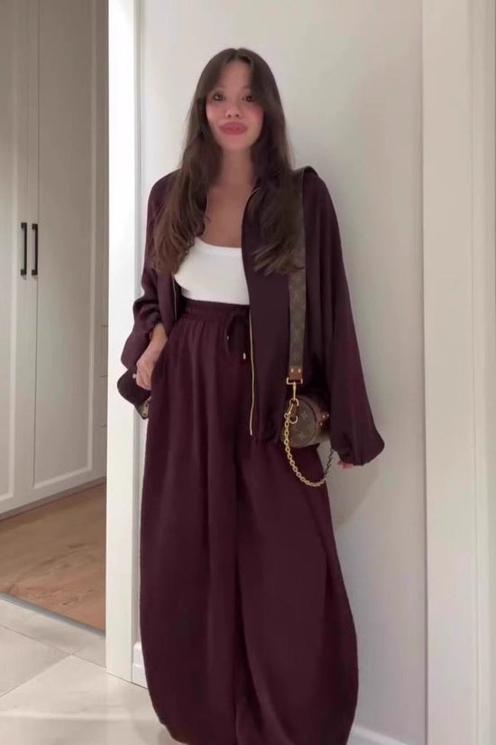Flip collar long sleeved jacket and long pants 2-piece set 