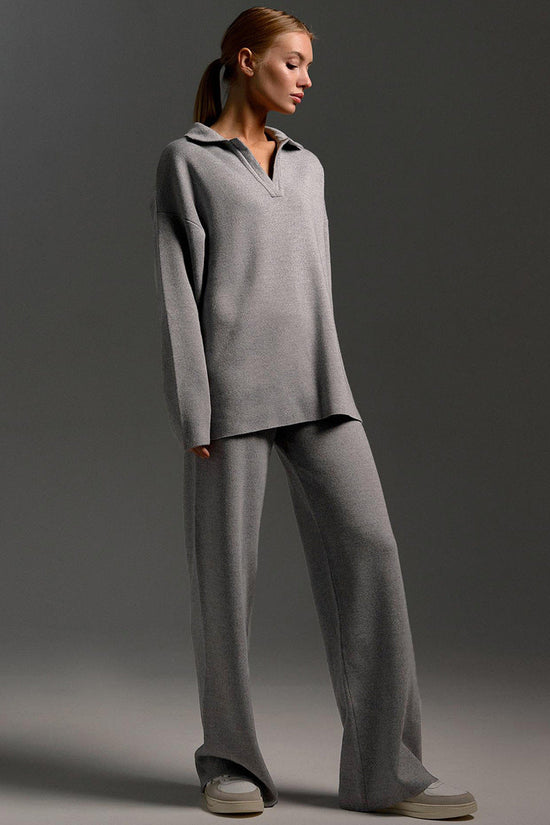Fall Winter Two Piece Set Women's Simple Loose Solid Color Collar Sweater Set Fashion Casual Sport Wear Set 