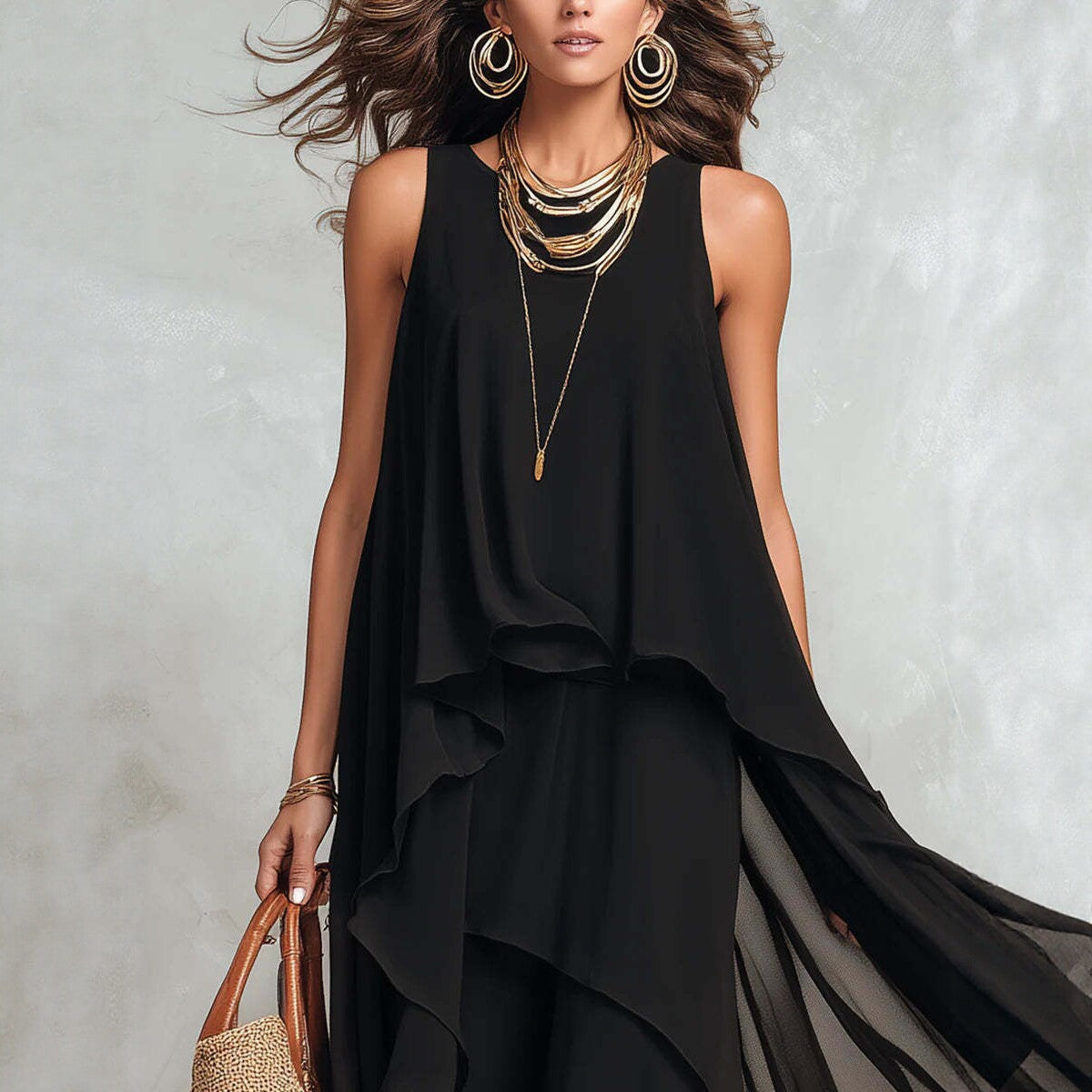Chic Flowy Black Sleeveless Asymmetrical Chiffon Long Dress 