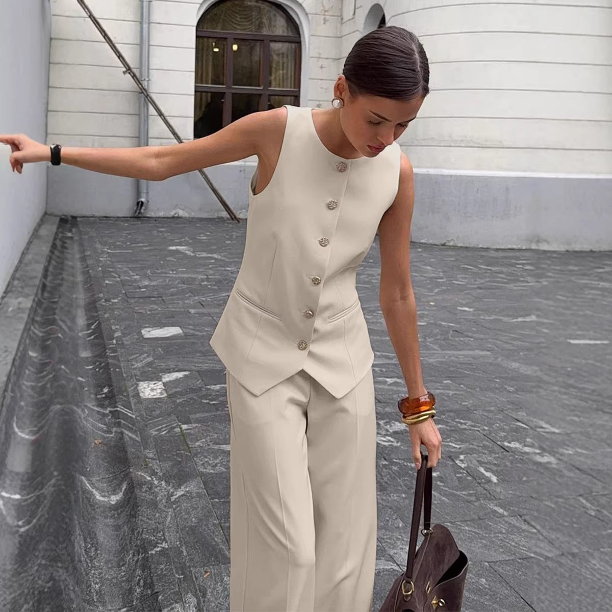 Elegant Commuter Vest And Wide-Leg Pants Two-Piece Set 