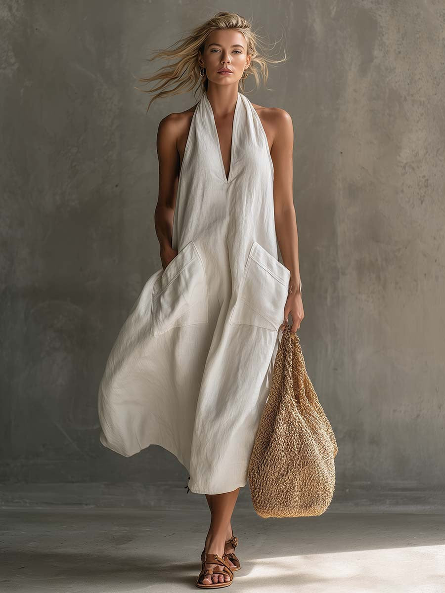 Casual Retro V-Neck Slip Linen Dress 