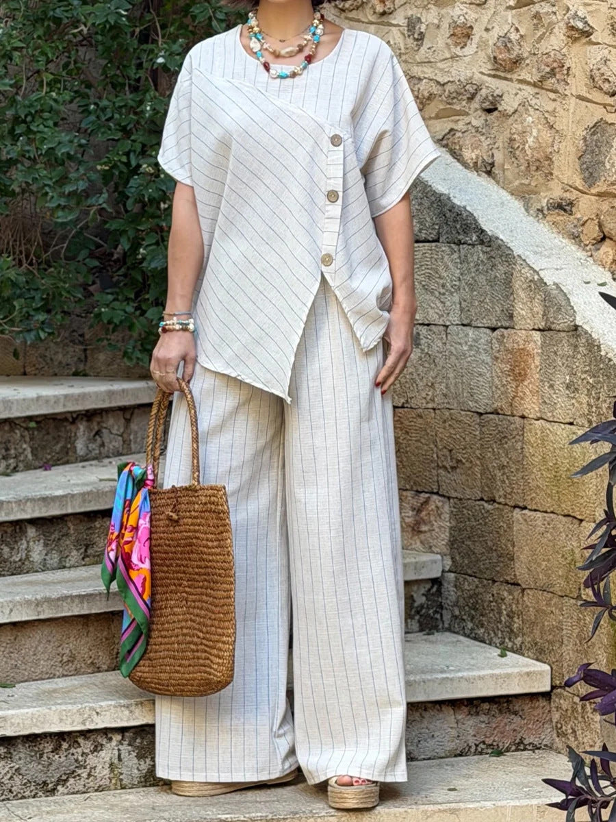 Striped Short-sleeve Shirt And Loose-fitting Pants Two-piece Set 