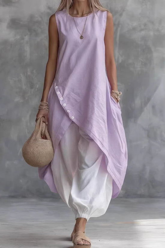 Solid Color Sleeveless Loose Pocketed Mid-Length Dress Set 