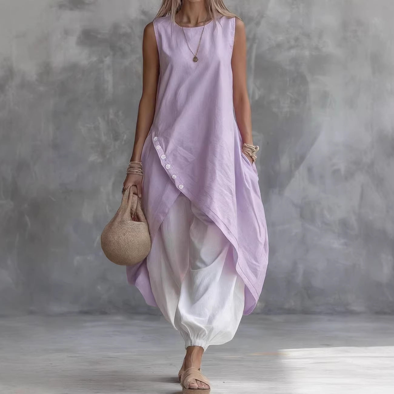 Solid Color Sleeveless Loose Pocketed Mid-Length Dress Set 