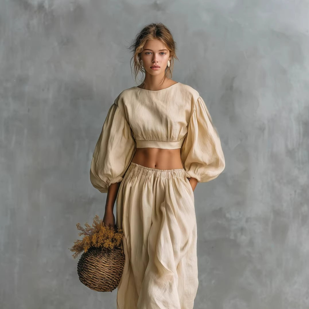 Crew-neck Puffed-sleeve Pocketed Pants Casual Womens Set 