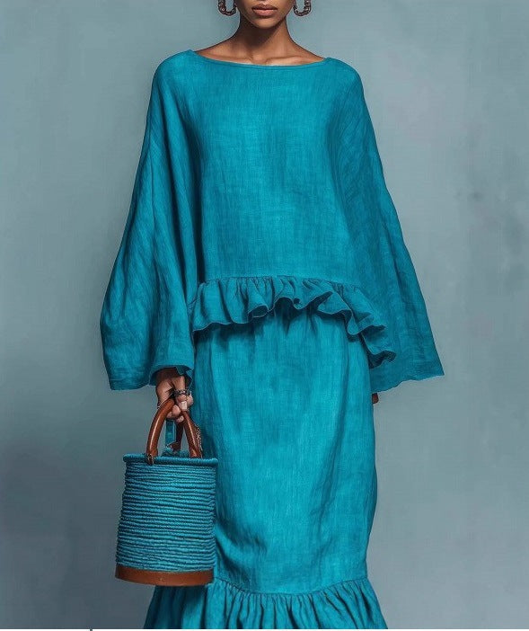 Long sleeve irregular skirt set, casual fashion solid color women's outfit 