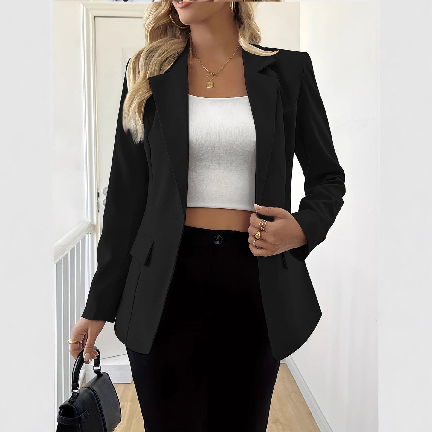 New European And American Womens Clothing Long-sleeve Solid-color Single-button Jacket 