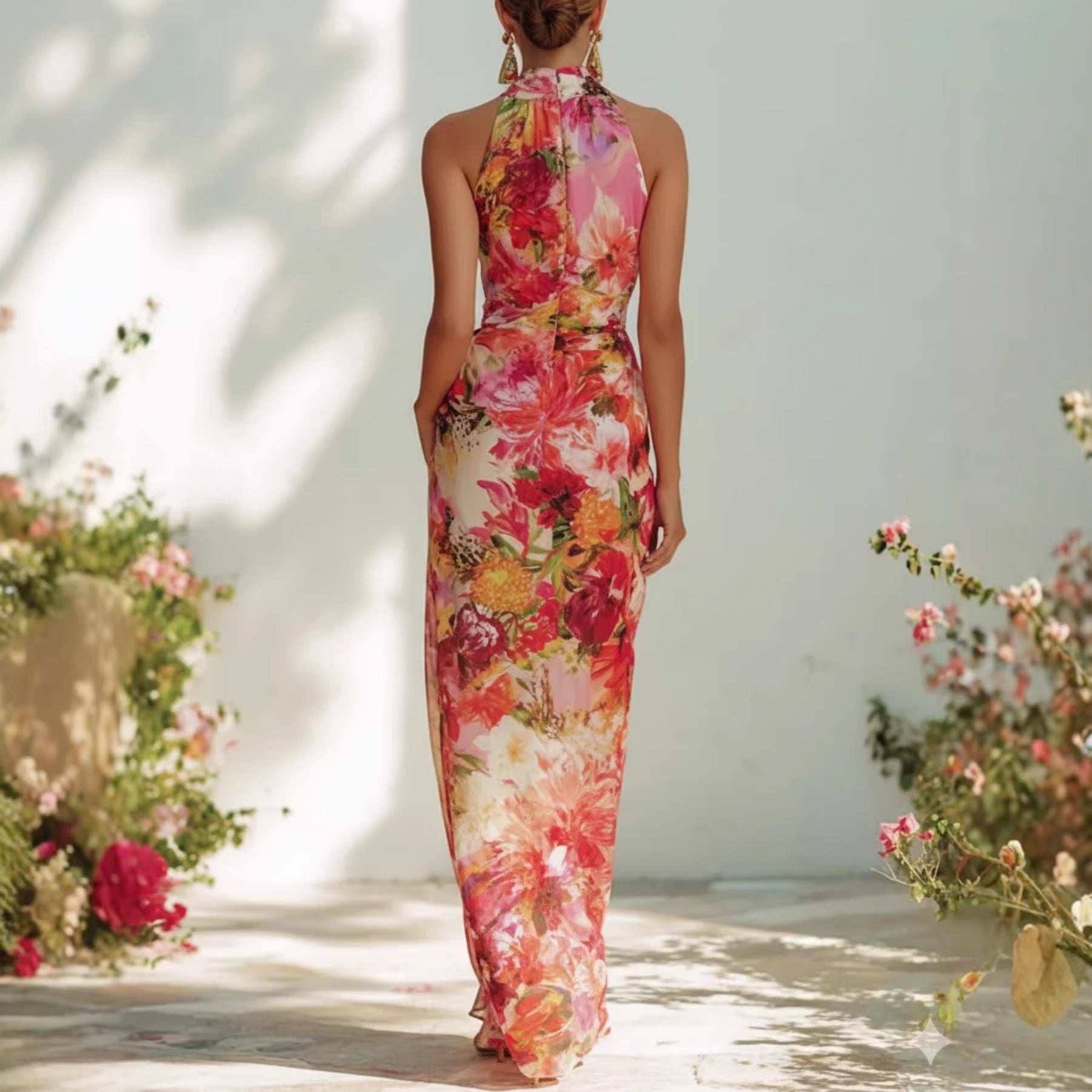 Elegant Floral Strapless Sleeveless Fitted Chiffon Dress 