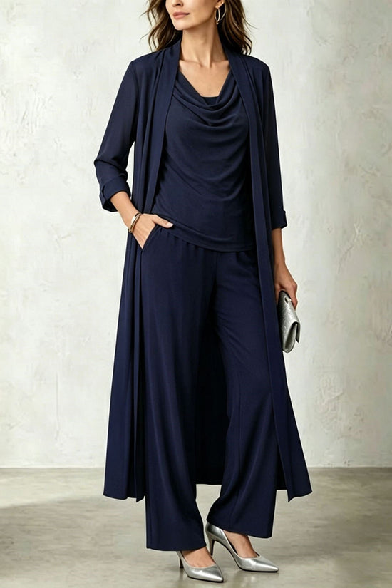 Long sleeved swing collar top long cardigan jacket long pants three piece set 