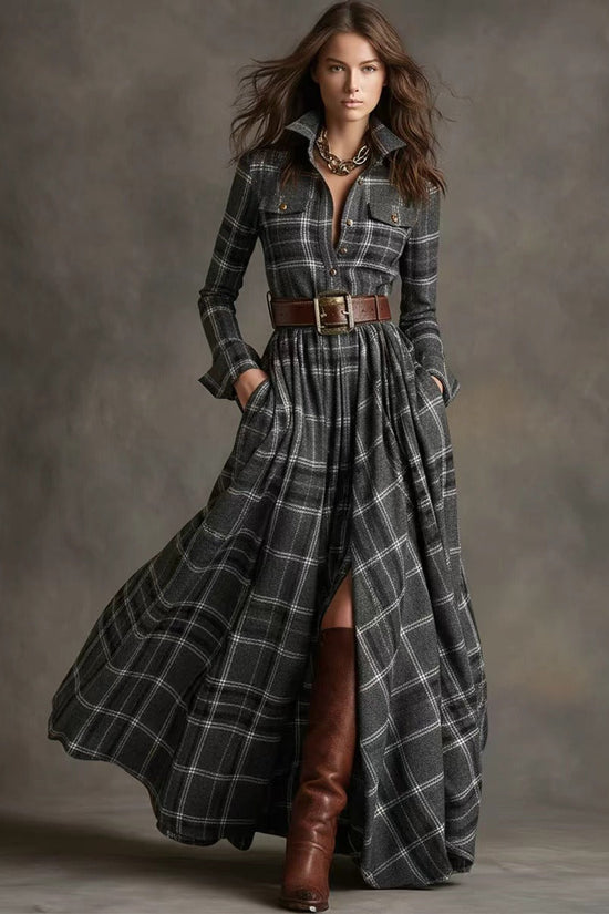 Ins Plaid Print Long-Sleeved Dress Fashion Pockets Collared Buttons Shirt Long Dresses Retro Women's Clothing 