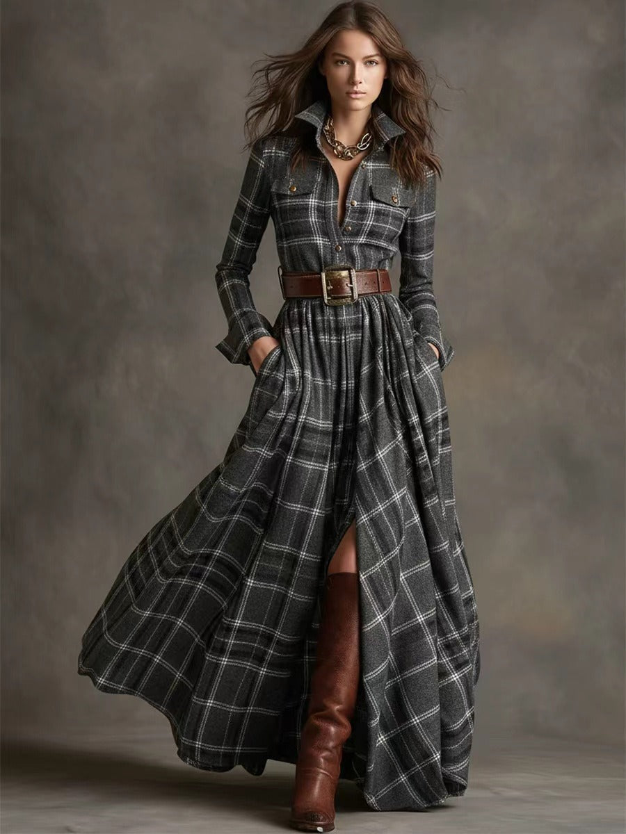 Ins Plaid Print Long-Sleeved Dress Fashion Pockets Collared Buttons Shirt Long Dresses Retro Women's Clothing 