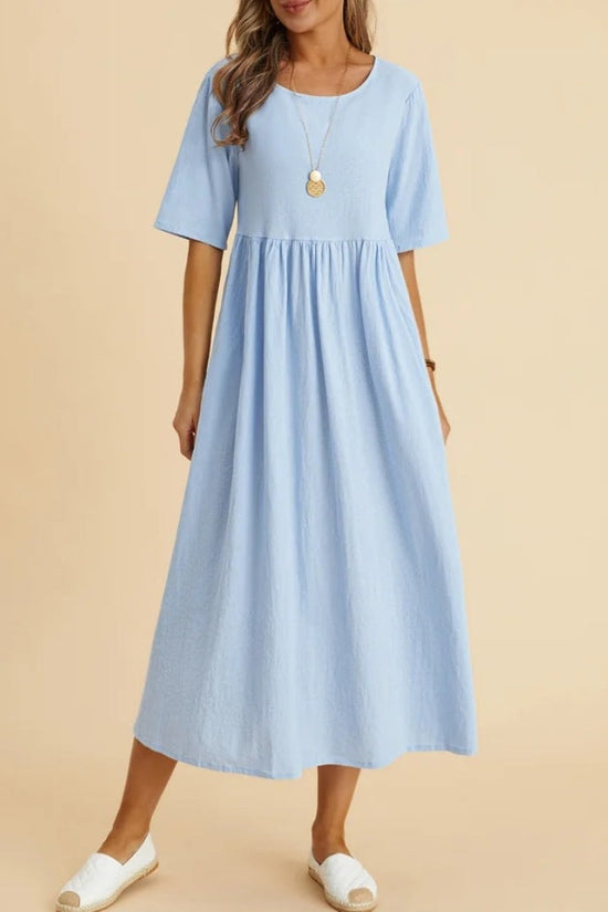 Plus Size Loose Cotton Linen Dress, Round Neck  Sleeve Midi Dress With Pockets 