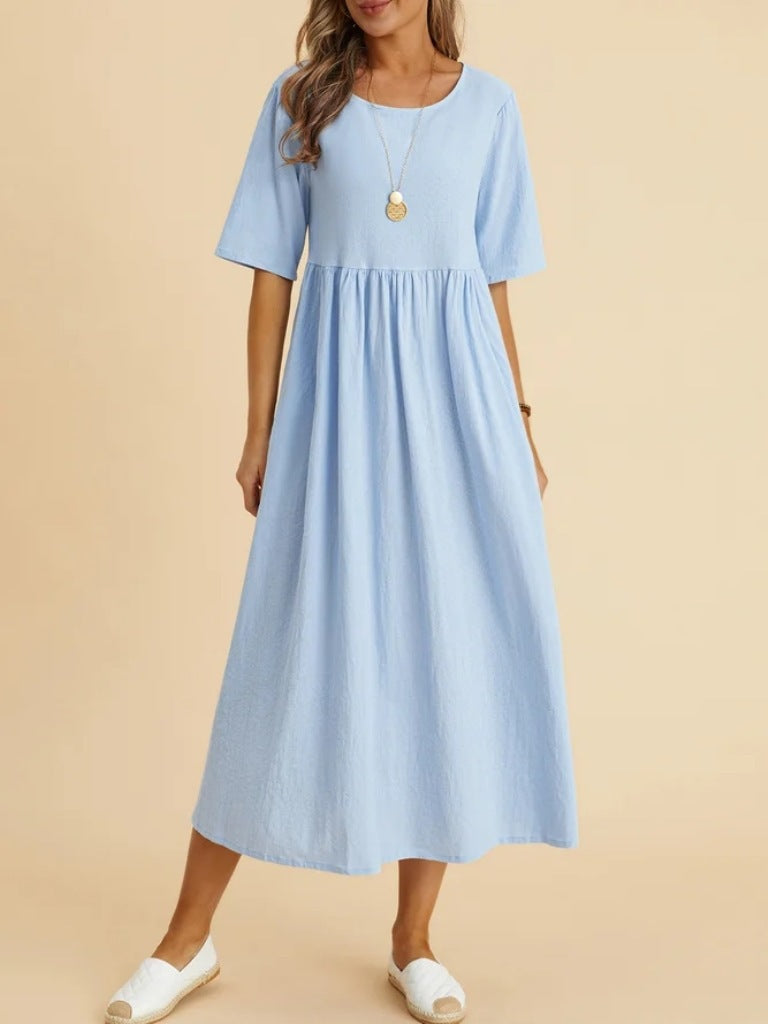Plus Size Loose Cotton Linen Dress, Round Neck  Sleeve Midi Dress With Pockets 