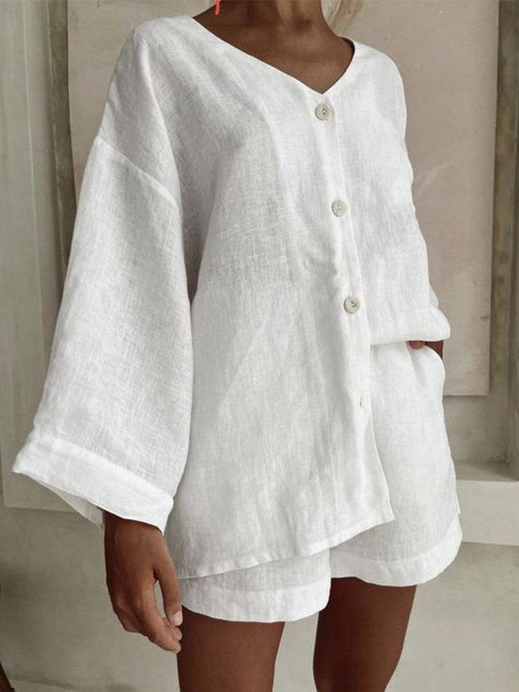 Fashionable Cotton-Linen Shirt And Shorts Casual Set 