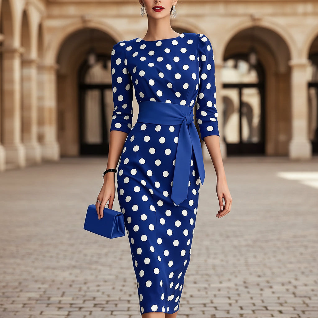 Retro Polka-dot Navy Blue Belted Waist-hugging Elegant Dress 