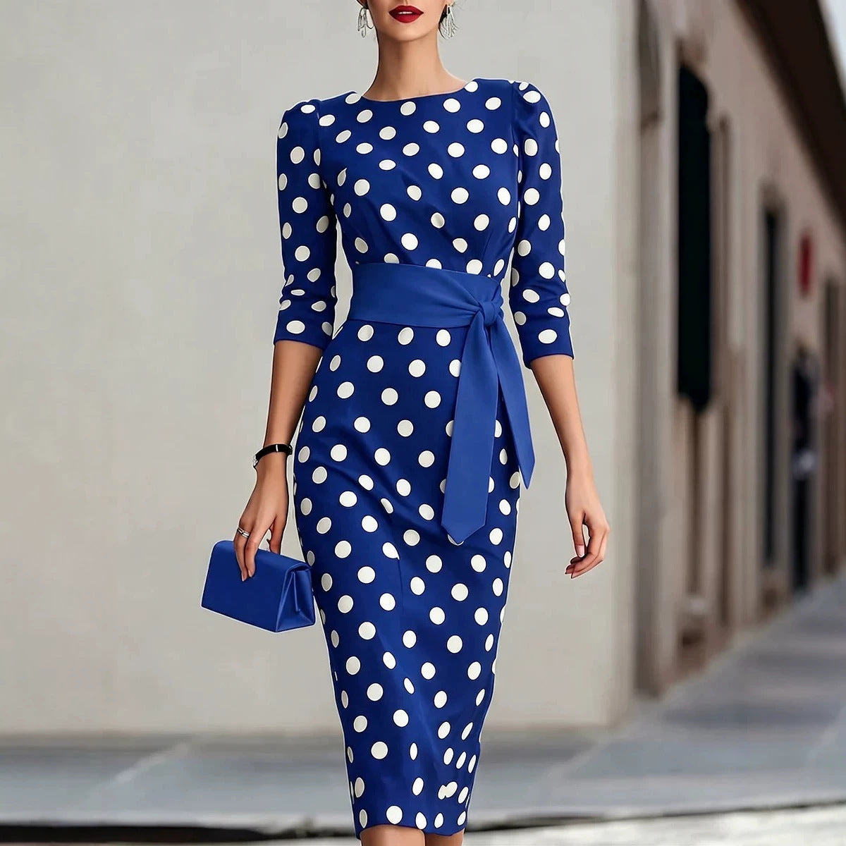 Retro Polka-dot Navy Blue Belted Waist-hugging Elegant Dress 